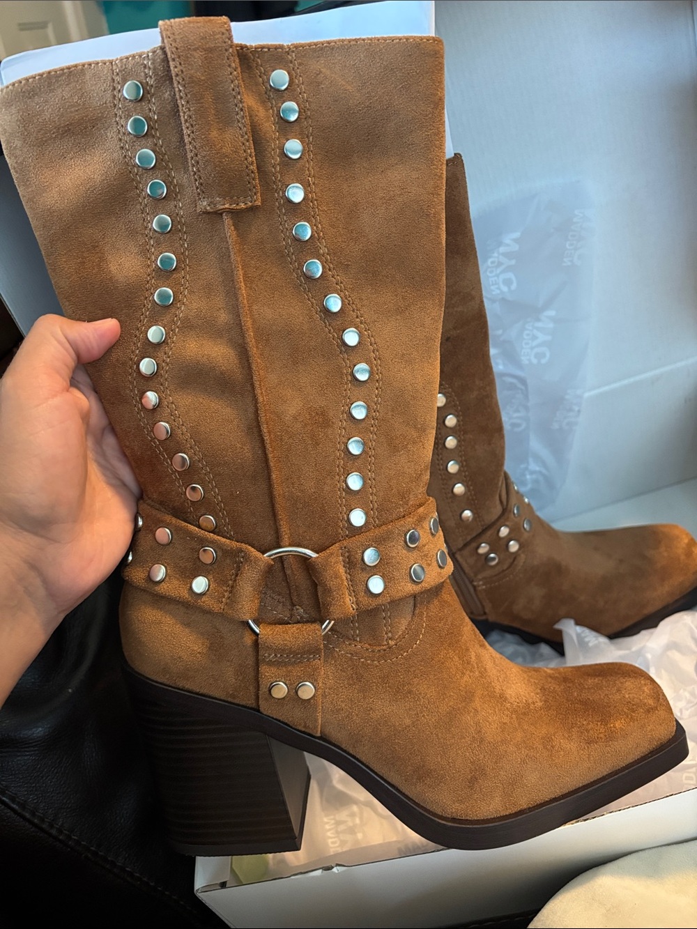Studded Suede Mid-Calf Heeled Boots in Tan